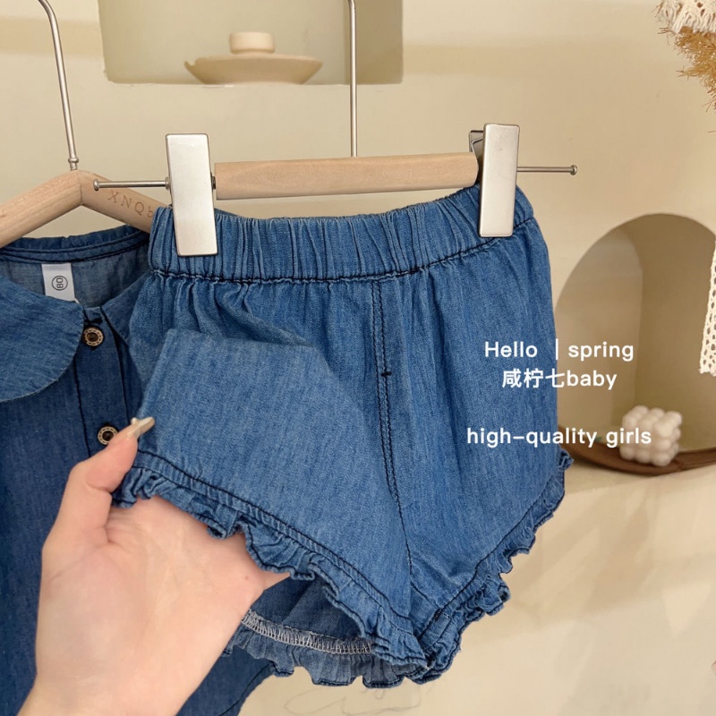 Bộ Áo Sơ Mi + Quần Short Denim Không Tay Thời Trang Mùa Hè Hàn Quốc 2023 Dành Cho Bé Gái