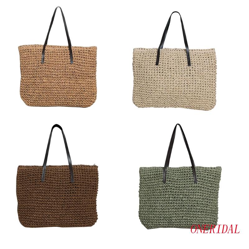 Túi Xách Sức Chứa Lớn Bằng Rơm Bện Với Tay Cầm Giả Da Khóa Kéo Phong Cách Bohemian Vintage Cho Nữ