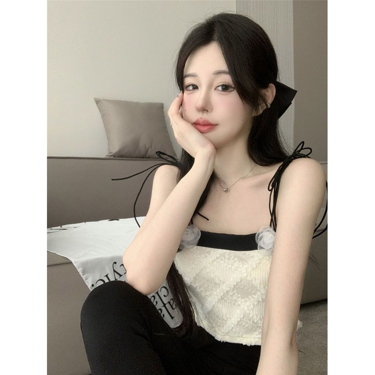 [F &amp; X] Áo Ống Hai Dây Họa Tiết Hoa Trà Ba Chiều Phong Cách Vintage Quyến Rũ Nóng Bỏng Mùa Hè Dành Cho Nữ