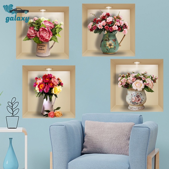 Galaxy Bộ 4 Miếng Dán Tường Trang Trí Hình Lọ Hoa Hồng 3d Tháo Rời Được Dành Cho Phòng Khách