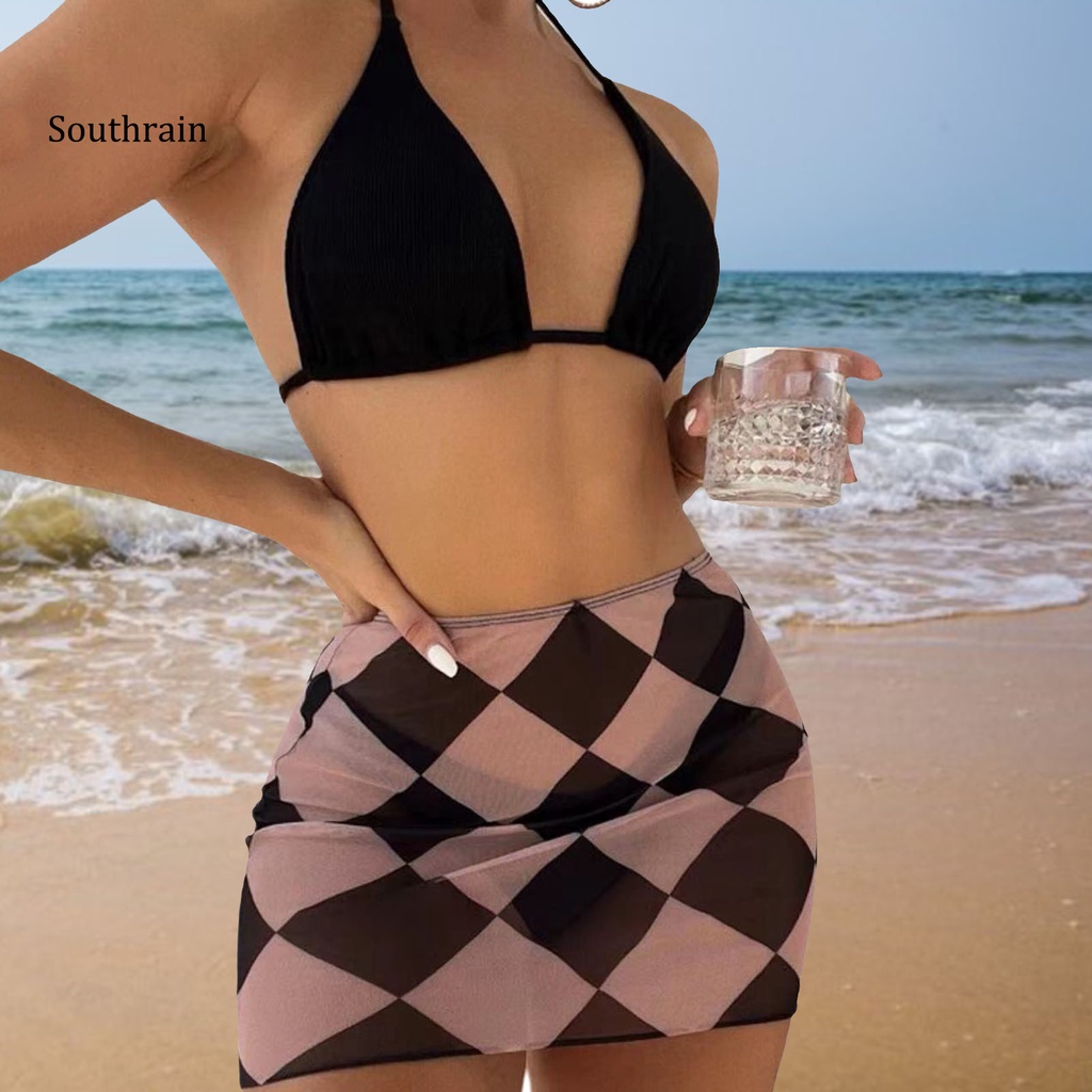 Bộ 3 Món Đồ Bơi Bikini Dạng Váy Hai Dây Nâng Ngực Màu Sắc Trơn In Họa Tiết Hình Học Tùy Chỉnh Cho Nữ