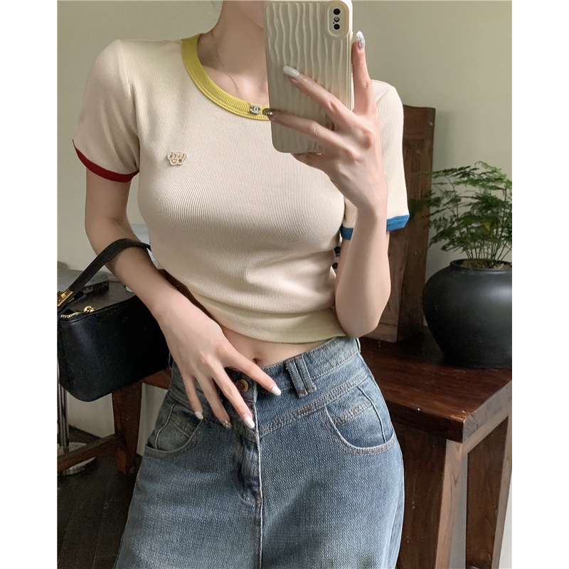 Áo Thun Dệt Kim Tay Ngắn Cổ Tròn Màu Sắc Tương Phản Thời Trang Cho Nữ