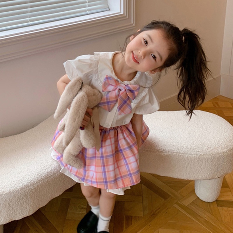 Bộ Khung Đồ Chơi Cho Bé❤Bộ Áo Sơ Mi Tay Phồng Màu Trơn + Chân Váy Cổ Búp Bê Họa Tiết Kẻ Sọc Thời Trang Mùa Hè Hàn Quốc Cho Nữ