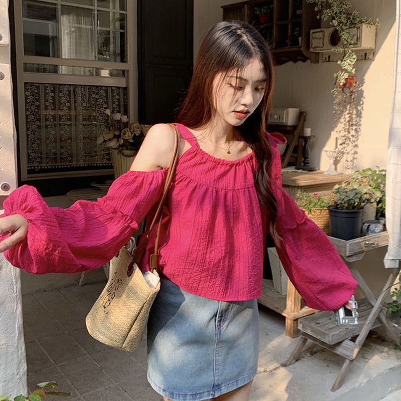 IELGY   Áo Kiểu Tay Phồng Hở Vai Dáng Ôm Thời Trang Dành Cho Nữ