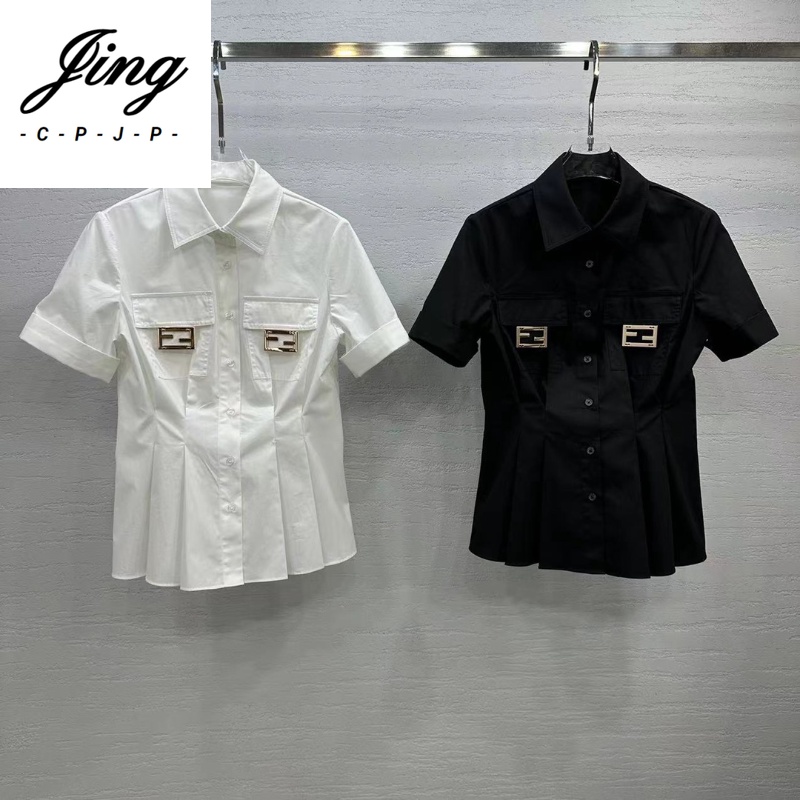 Áo Sơ Mi Cotton Tay Ngắn Chiết Eo Xếp Ly Thời Trang Mùa Hè Hàng Mới 23