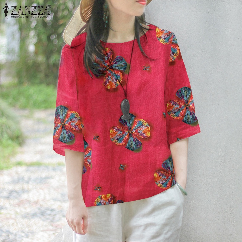 Zanzea Áo Sơ Mi Tay Lửng 3 / 4 Họa Tiết Hoa Thời Trang Cho Nữ