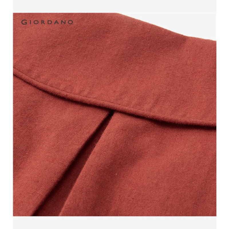 Áo sơ mi GIORDANO 13343310 cotton linen thiên nhiên dệt thoi mỏng tay phồng cổ Peter Pan cho nữ