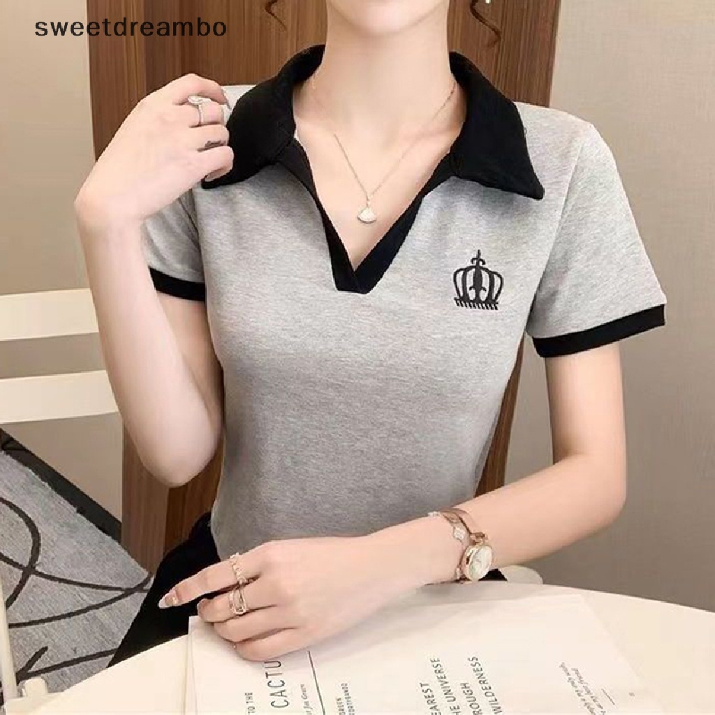 SWE Phụ nữ polo cổ Áo Vương Miện Thêu Ngắn Tay Áo T-shirt mùa hè thời trang giản dị lỏng Tee DRN