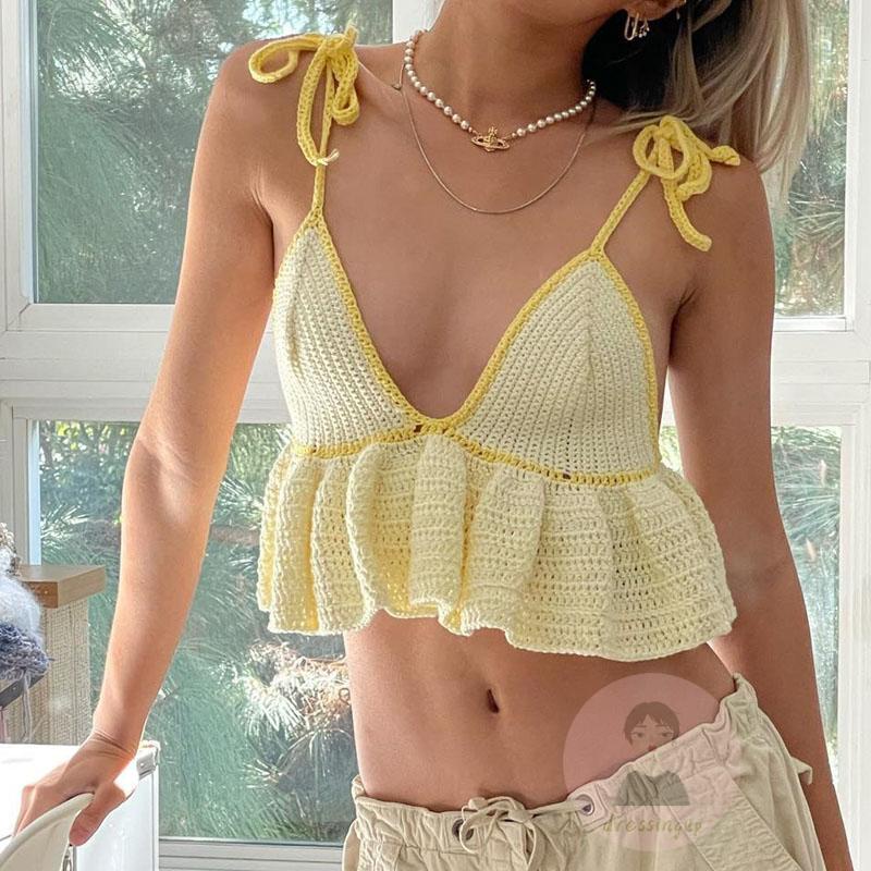 Áo Hai Dây Dệt Kim Cổ Chữ V Xẻ Sâu Màu Sắc Đơn Giản Cho Nữ