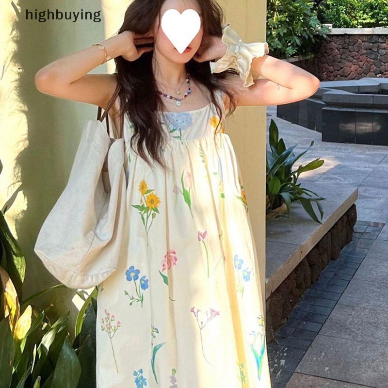 Đầm Midi Hai Dây Dáng Chữ A Họa Tiết Hoa Phong Cách Hàn Quốc Ngọt Ngào