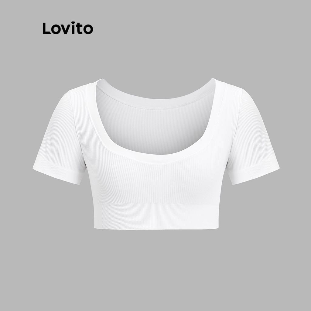 Áo thun Lovito cổ chữ V dáng ngắn màu trơn phong cách thể thao cho nữ L50AD033 (xám/trắng/đen)