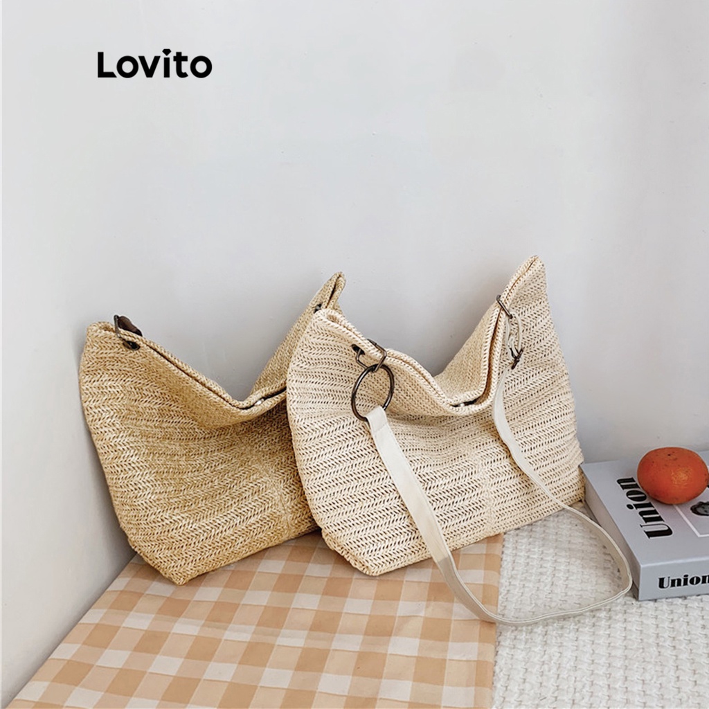 Túi hobo Lovito khóa kéo có vòng kim loại với lớp lót màu trơn phong cách thường ngày dành cho nữ L50AD116 (kaki/màu mơ)