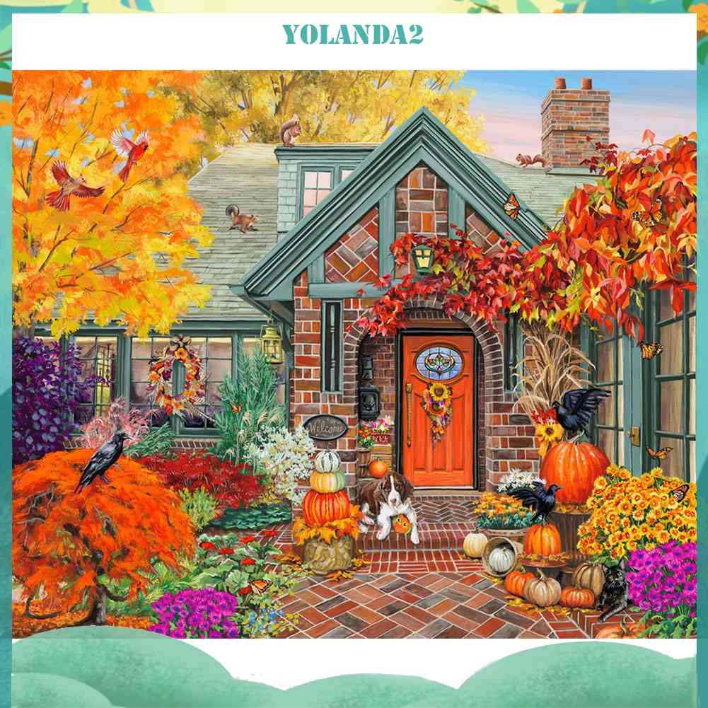 Tranh Đính Đá Kim Cương Toàn Bộ 5D DIY Hình Chú Chó Ngoài Sân Vườn Mùa Thu