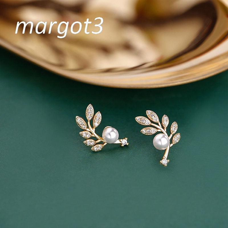 Bông Tai Hình Chiếc Lá Đính Ngọc Trai Đơn Giản Phong Cách Retro Hàn Quốc