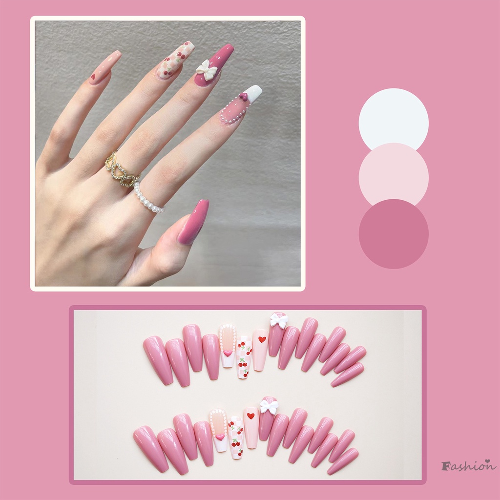 Bộ Móng Tay Giả Hình Vuông Nhiều Màu Kèm Nơ Trắng