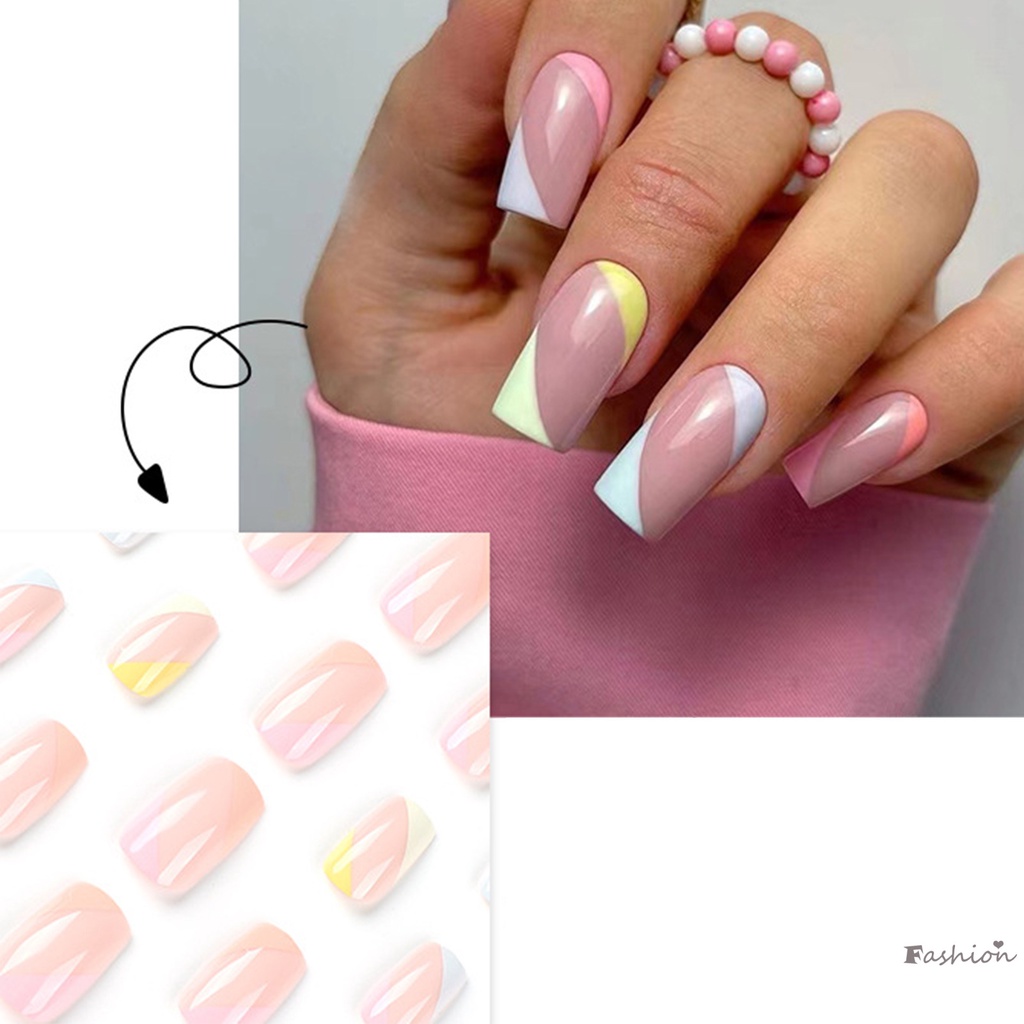 Bộ Móng Tay Giả Hình Vuông Màu Cầu Vồng Dùng Trang Trí