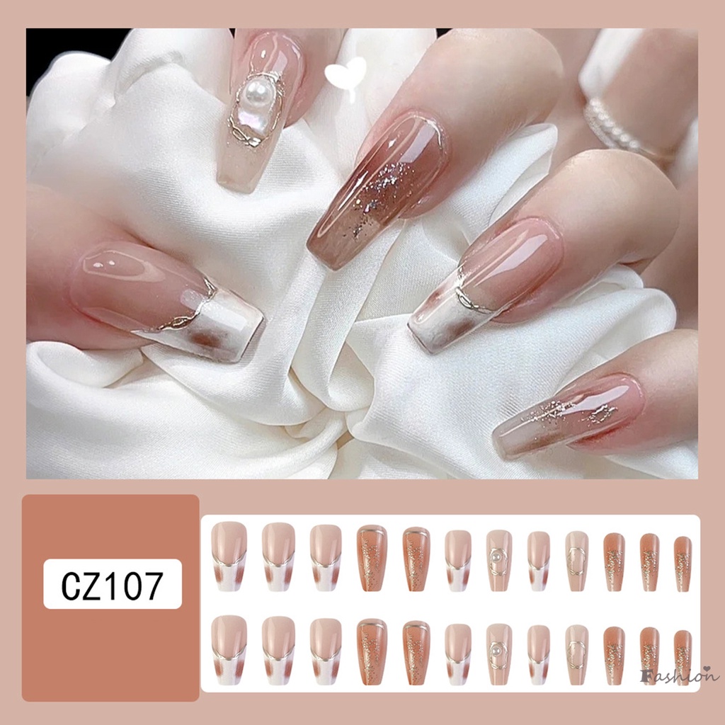 Bộ Móng Tay Giả Dài Màu Hồng Trong Suốt Đính Ngọc Trai Không Gây Hại Viền Mượt Mà