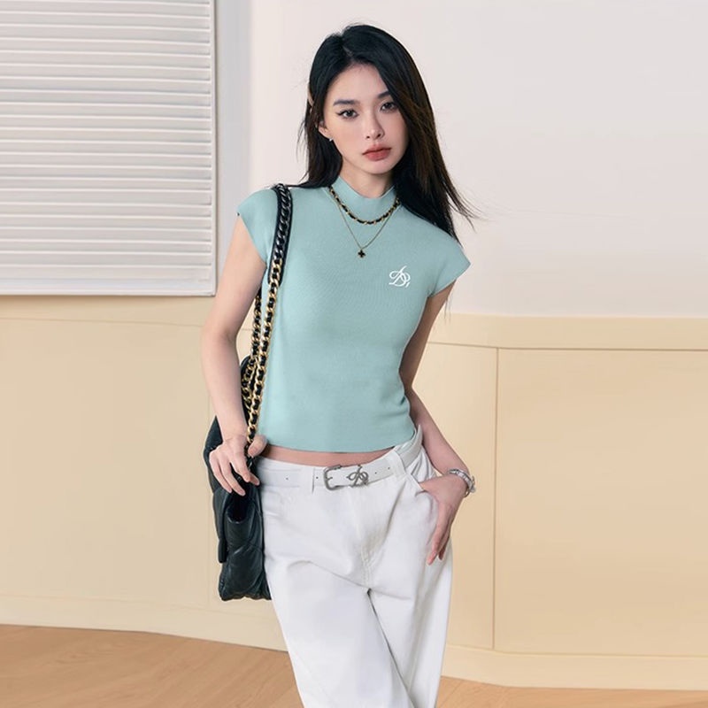 COZOK Áo Thun Dệt Kim Ngắn Tay Cổ Cao Họa Tiết Kẻ Sọc Cầu Vồng Thời Trang