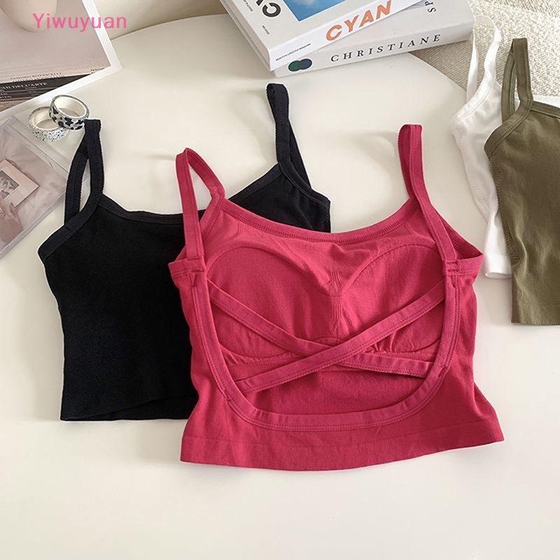 < Yiwuyuan > Áo Croptop Dệt Kim Trễ Vai Có Mút Nâng Ngực Dây Chéo Sau Lưng Gợi Cảm Cho Nữ