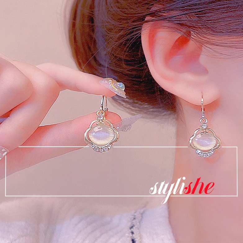 Bông Tai Mạ Bạc 925 Hình Giọt Nước Đính Đá opal Thời Trang