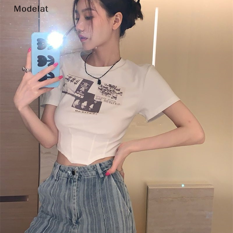 Áo Croptop Tay Ngắn Cổ Tròn In Họa Tiết Phong Cách Retro Dành Cho Nữ