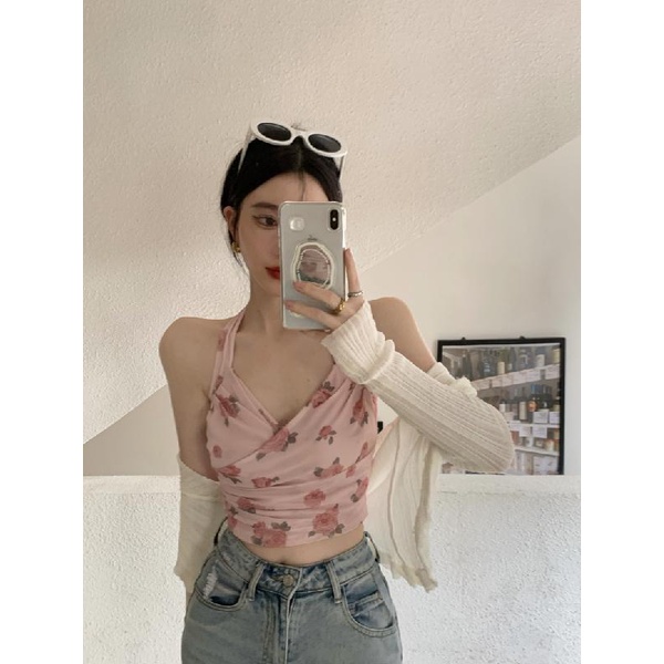 Áo Croptop Hai Dây Cổ Chữ V In Họa Tiết Hoa Hồng Xinh Xắn Thời Trang Hè Cho Nữ