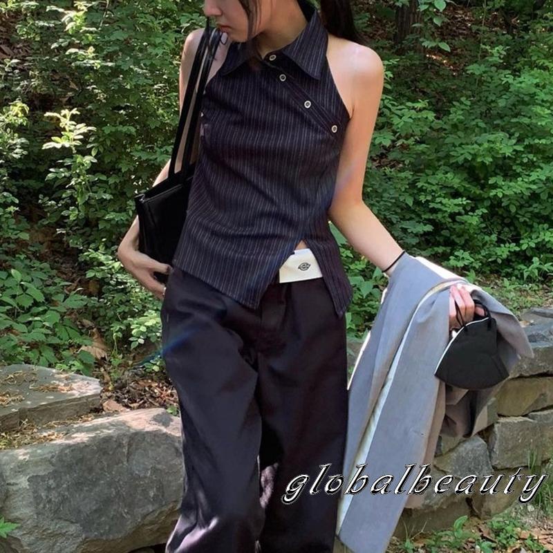 Áo Thun Không Tay Hở Lưng Ôm Dáng Họa Tiết Kẻ Sọc Màu Đen Dành Cho Nữ