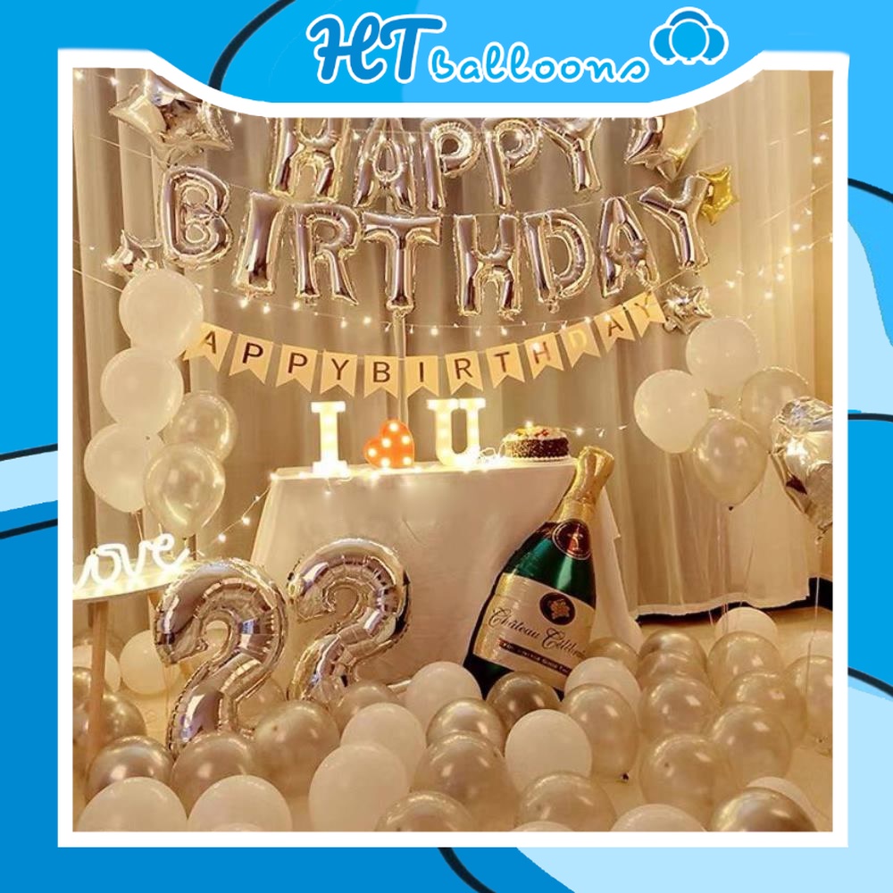 Combo Trang Trí Sinh Nhật Happy Birthday 50 Bong Bóng Kèm Đèn Led Tặng Kèm Phụ Kiện Bơm Và Keo Dán Balloons Combottsn
