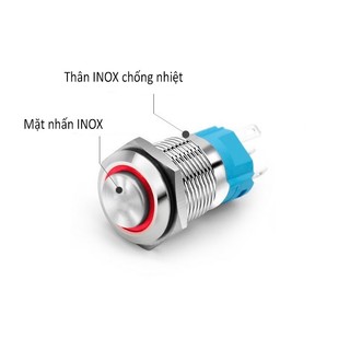 Nút công tắc đèn ô tô, xa máy 12mm, nút nhấn trợ sáng có đèn led inox 12mm
