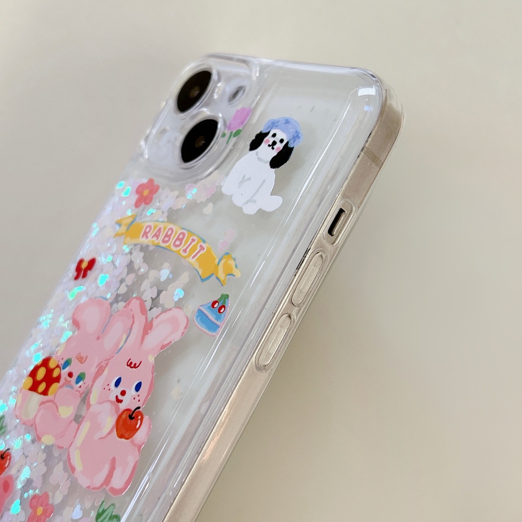 Ốp Điện Thoại PC Cứng Họa Tiết Thỏ Hoạt Hình Phối Cát Lún Lấp Lánh Chống Sốc Cho iPhone11 12 13 14 Pro Max