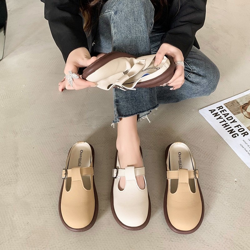 Qinos Dép Muller Mũi Tròn Phong Cách retro 2023 Cho Nữ