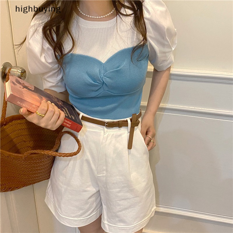 Hbvn Belle Áo Thun Giả Hai Lớp Tay Ngắn Phồng Ôm Dáng Phong Cách Retro Mùa Hè Cho Nữ