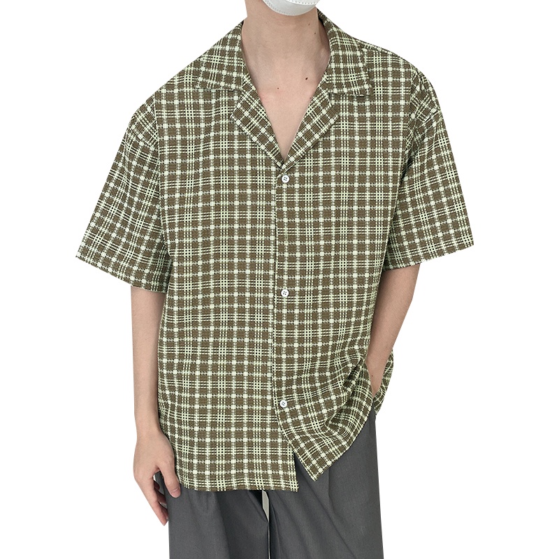 INCERUN Áo Sơ Mi Tay Ngắn Họa Tiết Sọc Caro Thời Trang Cho Nam