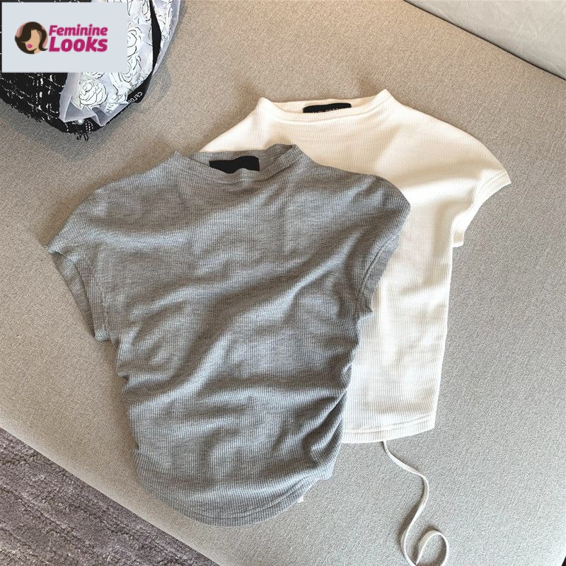 Áo Thun Ngắn Tay Cổ Cao Phối Dây Rút Sau Lưng Thời Trang Cá Tính
