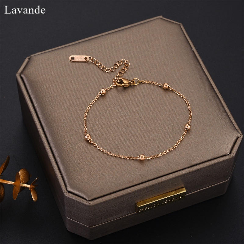 Vòng Đeo Tay Hạt Tròn Bằng Thép Titan Mạ Vàng 18K Chống Thấm Nước Đơn Giản Dành Cho Nữ