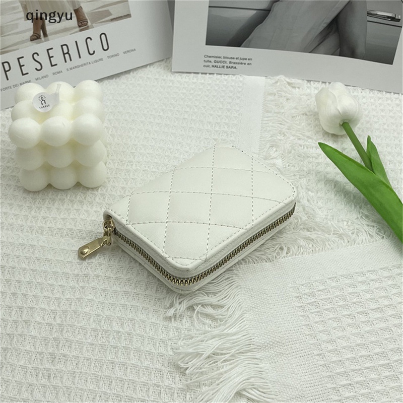 Qingyu Ví Da PU Dáng Ngắn Đựng Thẻ / Tiền Xu Thêu Họa Tiết Hình Thoi Có Khóa Kéo Cho Nữ