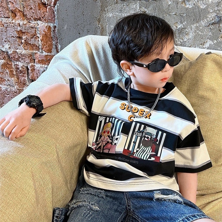 Hàng Mới Về Mới Áo Thun Tay Ngắn Họa Tiết Kẻ Sọc In Hoạt Hình Thoáng Khí Nhanh Khô Dễ Phối Đồ Cho Bé Trai