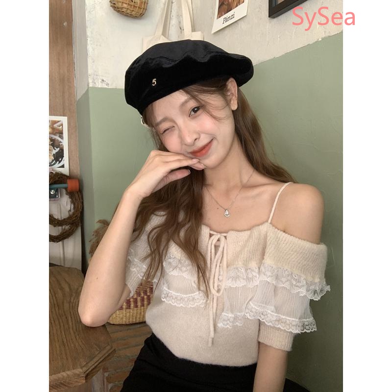 Áo Dệt Kim Trễ Vai Phối Ren Thời Trang Mùa Hè Cho Nữ