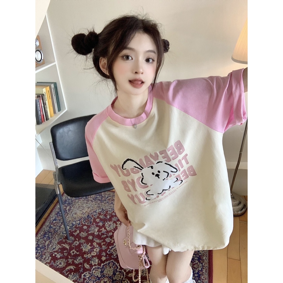 Áo Thun Tay Ngắn Cổ Tròn In Hình Thỏ Nhỏ Dễ Thương Phối Màu Phong Cách Cổ Điển Thời Trang Cho Nữ