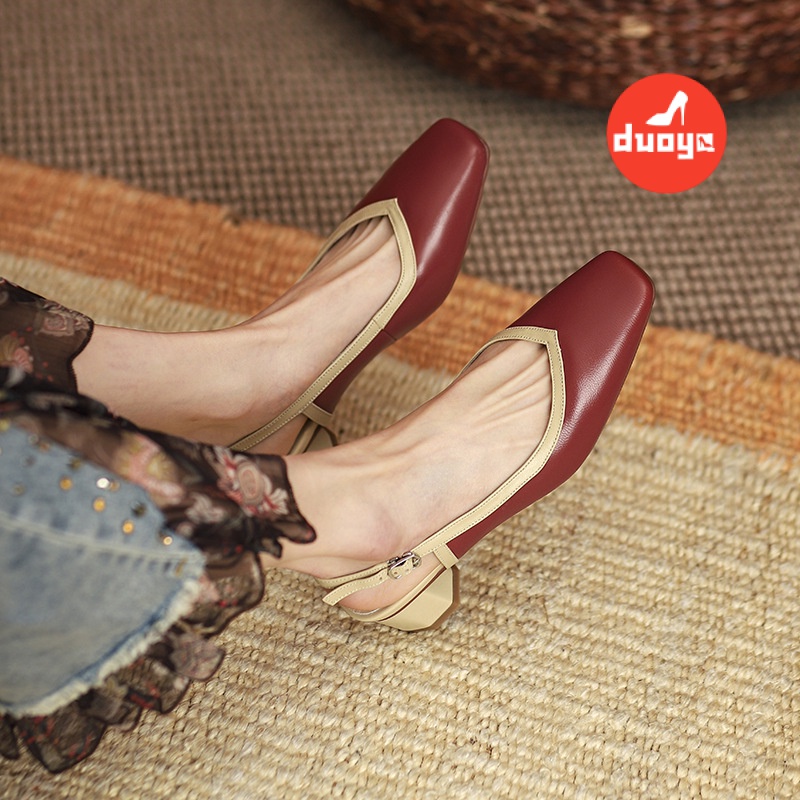 Duoya Factory~[Hàng Có Sẵn] Giày Da Đế Dày Hở Ngón Chống Mài Mòn Gót Dày Đơn Giản Cổ Điển Màu Bạc Đính Đá Thạch Anh Phong Cách Mùa Xuân Hè Chống Va Đập