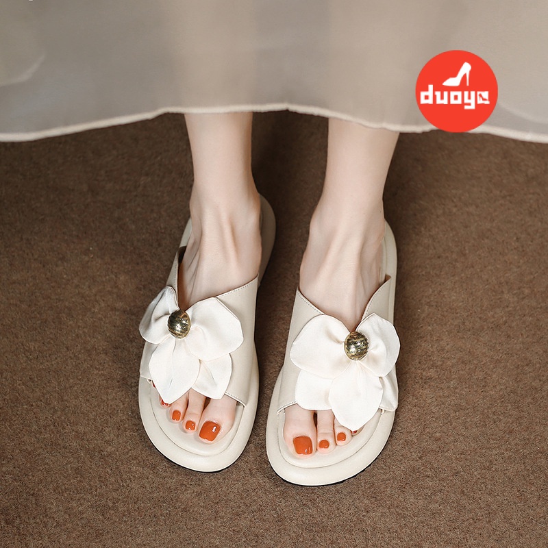 Duoya Dép Sandal Đế Dày Hở Ngón Quai Ngang Đính Hoa Kiểu Pháp Dễ Phối Đồ Thời Trang Cho Nữ