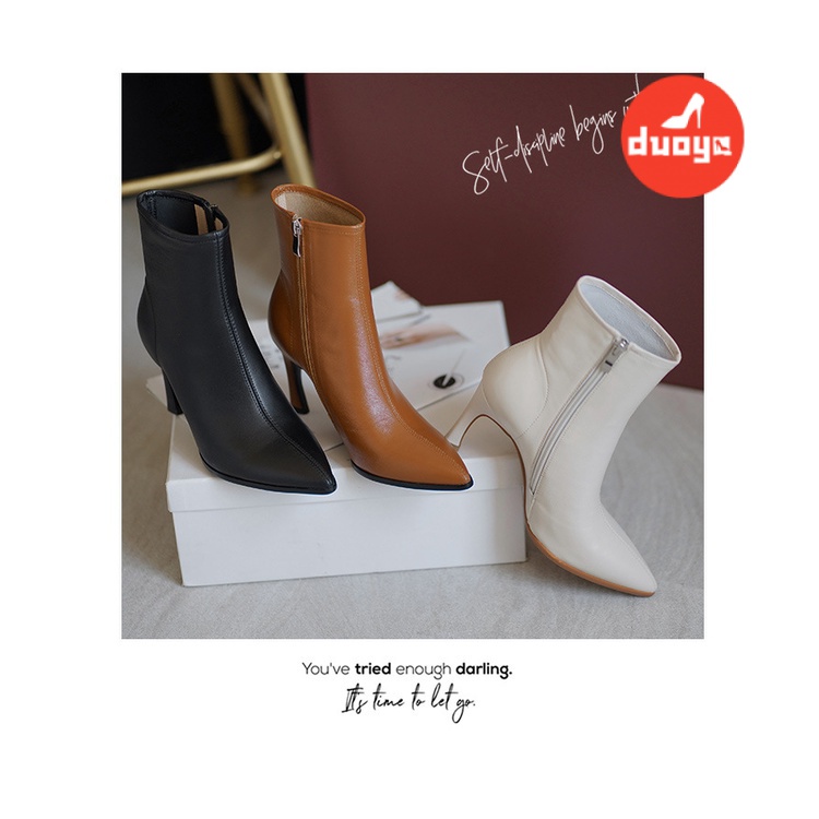 Duoya Tóc Thẳng ~ [Hàng Có Sẵn] Giày Bốt Cao Gót Mũi Nhọn Gót Nhọn Màu Nâu / Trắng Kaki Pháp Cho Nữ [ABC]