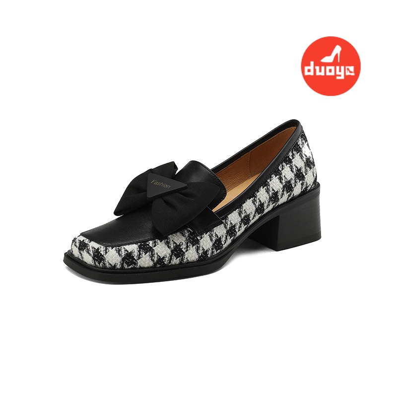 Duoya Tóc Thẳng ~  Giày Lười Đế Dày Mũi Vuông Đính Nơ Phong Cách Anh Quốc Cho Nữ Miễn Phí Vận Chuyển
