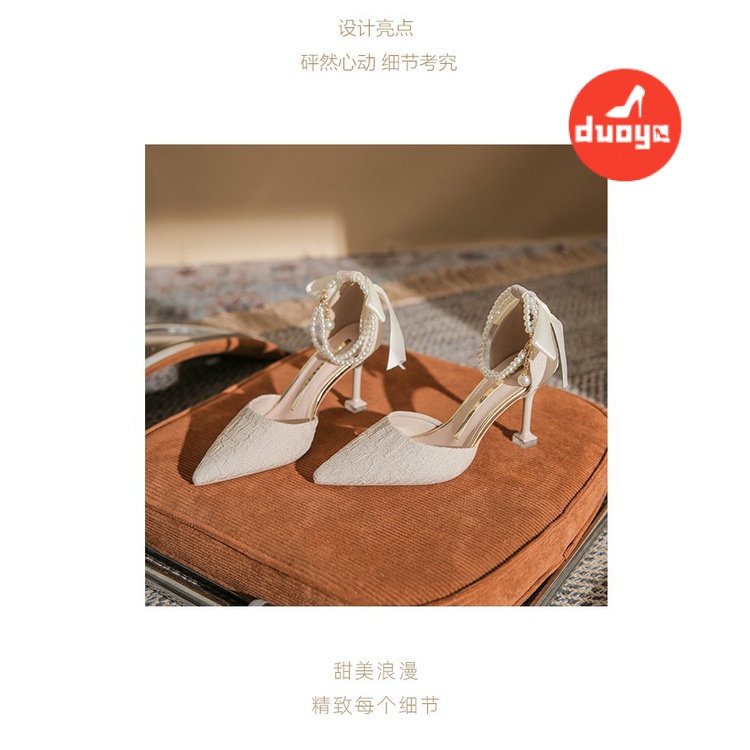 Duoya Tóc Thẳng ~ [Hàng Có Sẵn] Giày Cao Gót Mũi Nhọn Thắt Nơ Đính Ngọc Trai Mùa Xuân Hè Cho Phù Dâu Miễn Phí Vận Chuyển