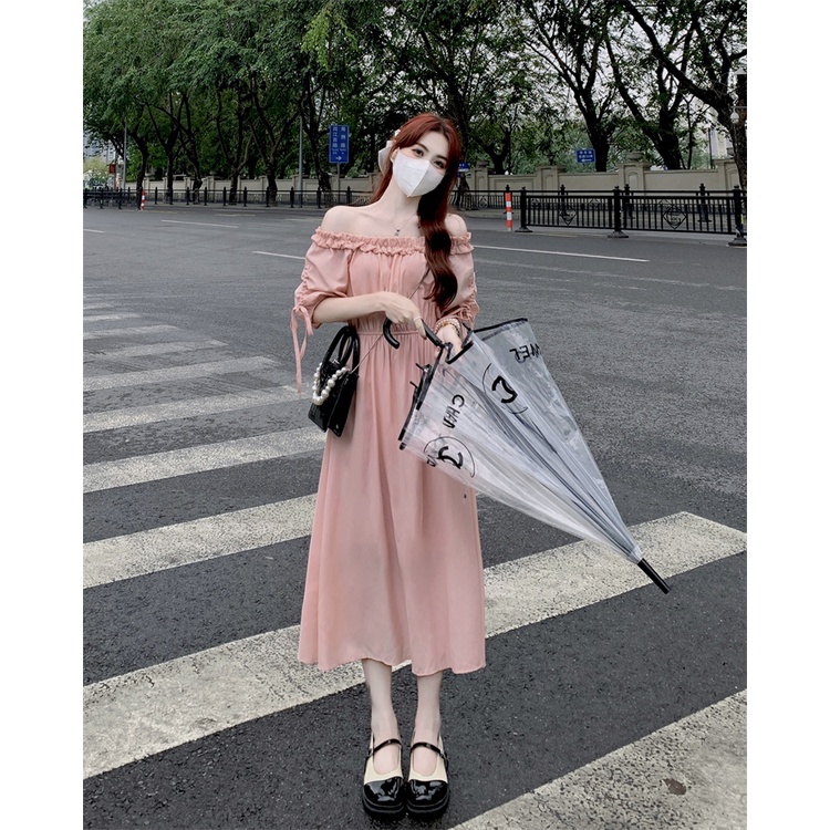 Đầm MIDI Mùa Hè Ôm Eo Một Bên Vai Diềm Xếp Nếp Tay Lửng Cho Nữ