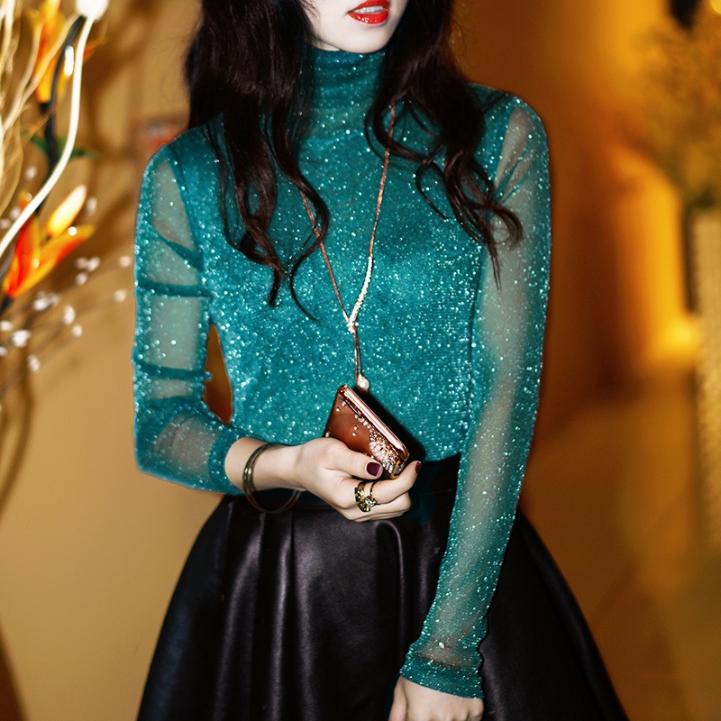 Áo Thun Tay Dài Cổ Tròn Dáng Ôm Vải Lụa Phối Ren Thời Trang Cho Nữ