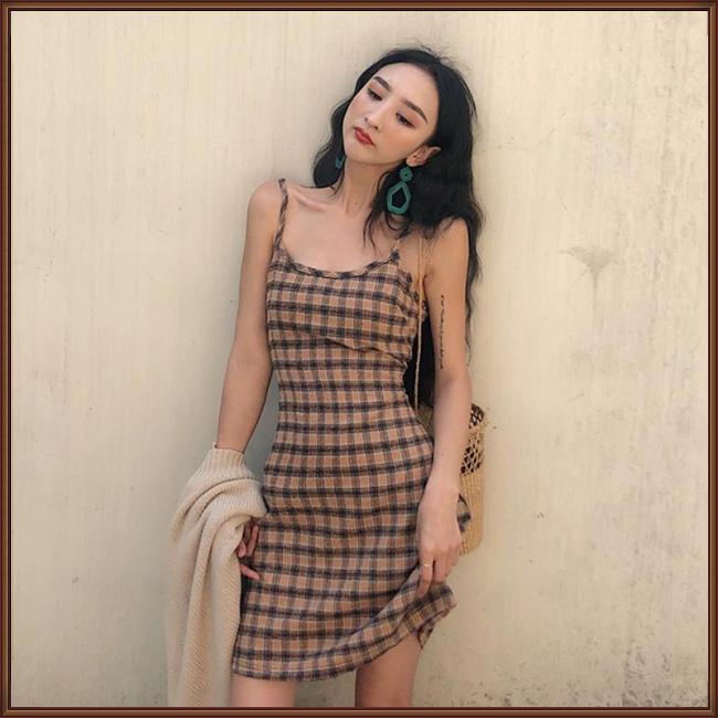 Đầm Hai Dây Dáng Chữ A Họa Tiết Sọc Caro Phong Cách Retro Thời Trang Mùa Hè Cho Nữ