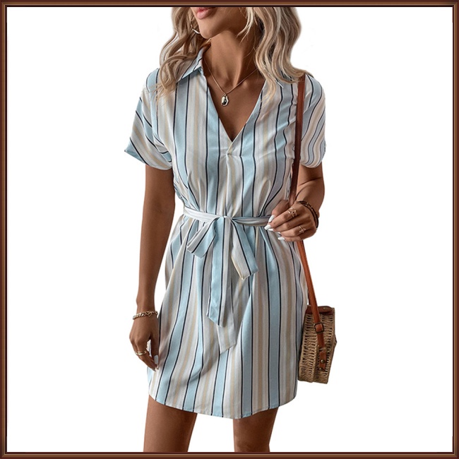 Đầm Sơ Mi Kẻ Sọc Cổ Bẻ Chất Liệu Polyester 100% Thời Trang Mùa Hè Phong Cách Âu Mỹ Cho Nữ 2023