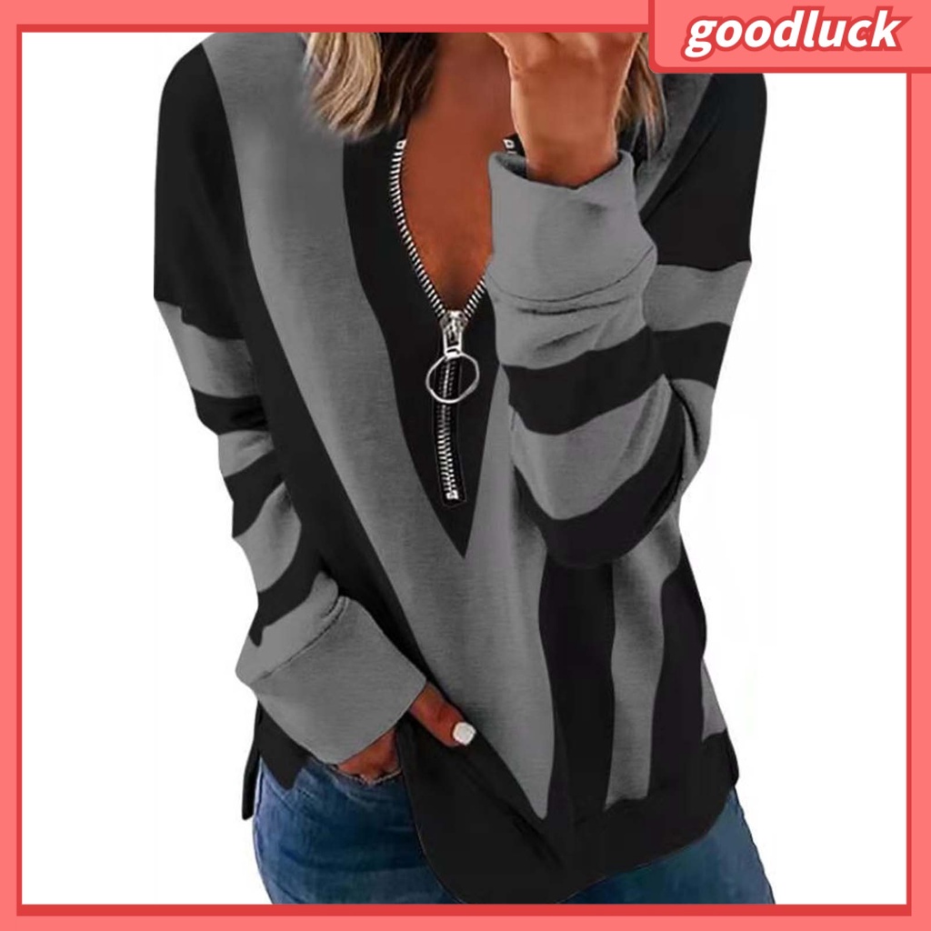 Áo Kiểu Tay Dài Mềm Mại Co Giãn Cổ Chữ V In Họa Tiết Kẻ Sọc Phối Khóa Kéo Cho Nữ