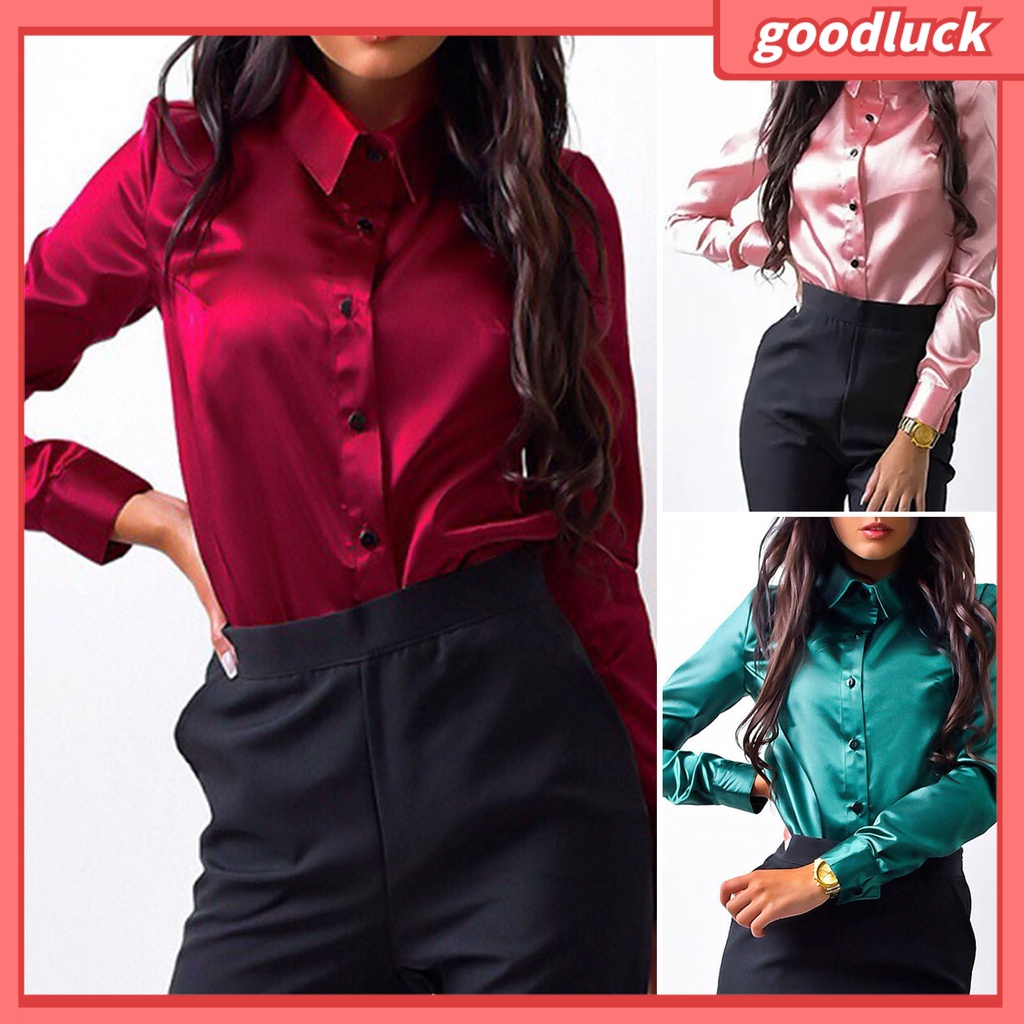 [ULK] Áo Sơ Mi Satin Dáng Rộng Tay Dài Cổ Bẻ Một Hàng Nút Màu Trơn Phong Cách Mùa Xuân Cho Nữ